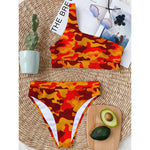 Orange Camouflage Print One Shoulder Bikini Top