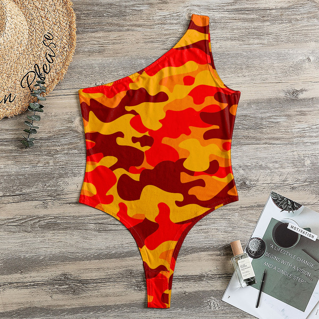 Orange Camouflage Print One Shoulder Bodysuit