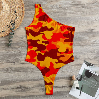 Orange Camouflage Print One Shoulder Bodysuit
