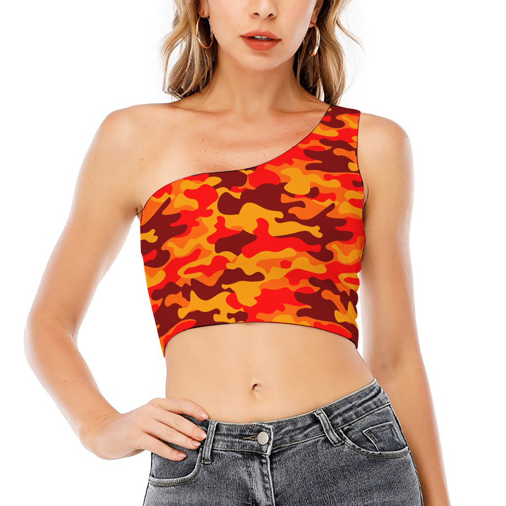 Orange Camouflage Print One Shoulder Crop Top