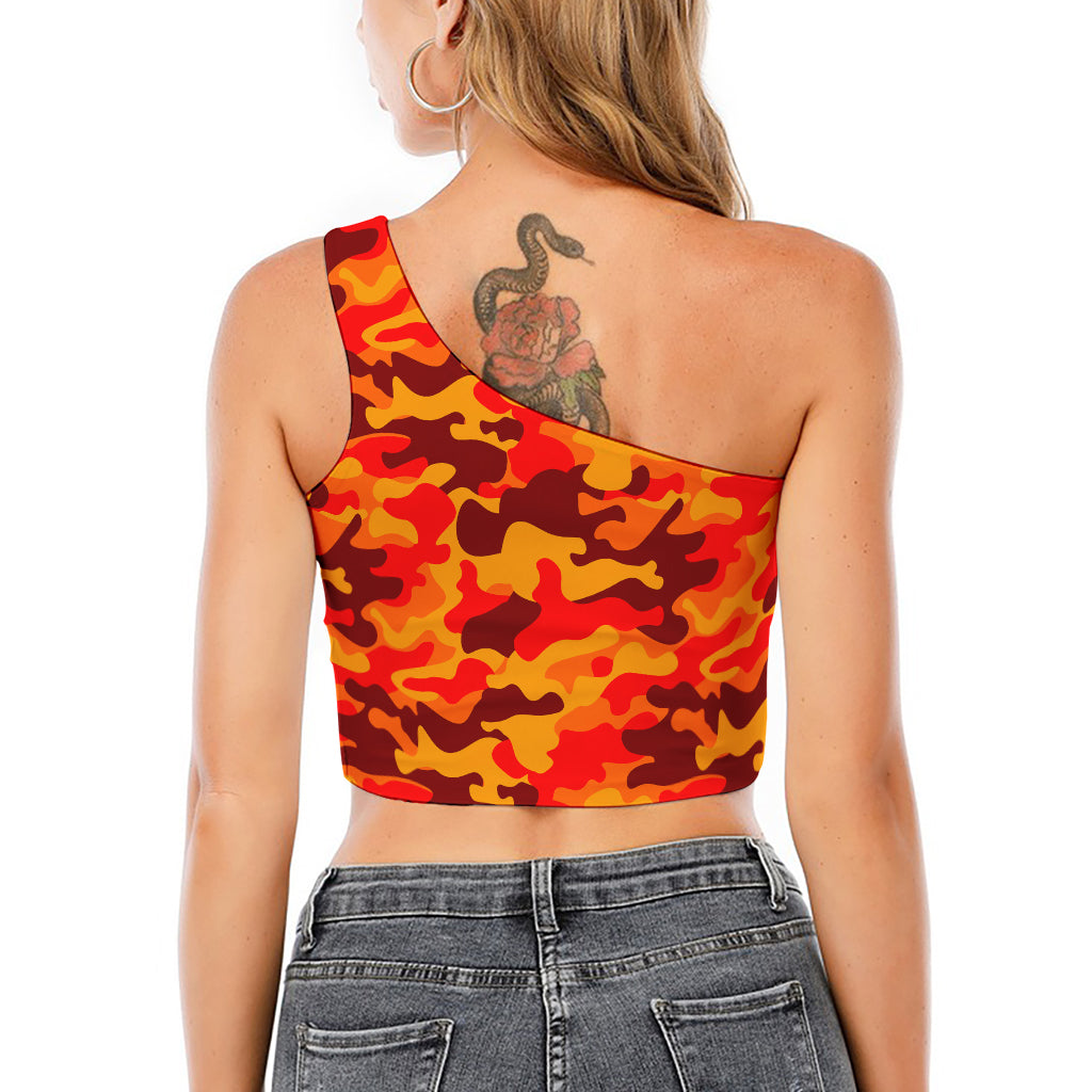 Orange Camouflage Print One Shoulder Crop Top