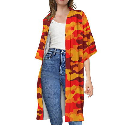Orange Camouflage Print Open Front Beach Cover Up