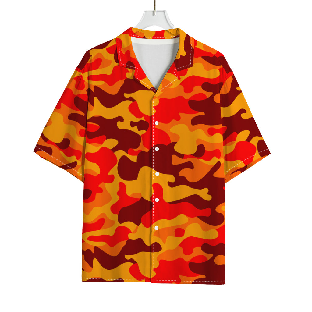 Orange Camouflage Print Rayon Hawaiian Shirt