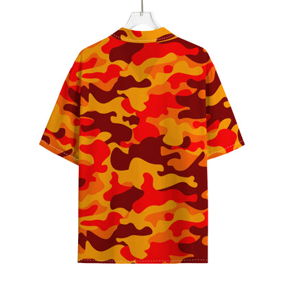 Orange Camouflage Print Rayon Hawaiian Shirt