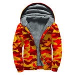Orange Camouflage Print Sherpa Lined Zip Up Hoodie