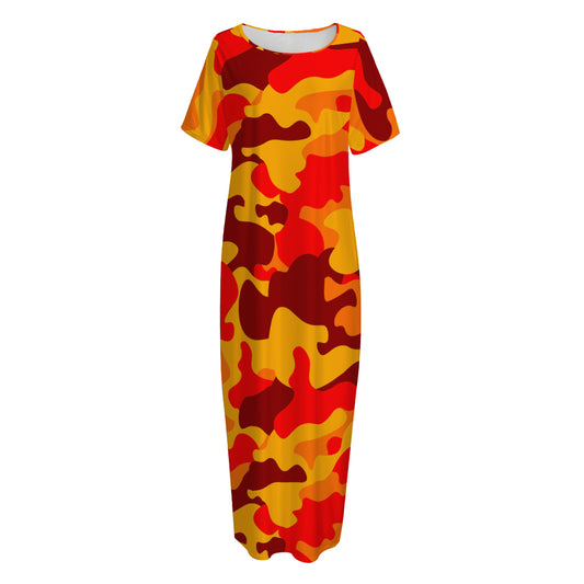 Orange Camouflage Print Short Sleeve Long Nightdress