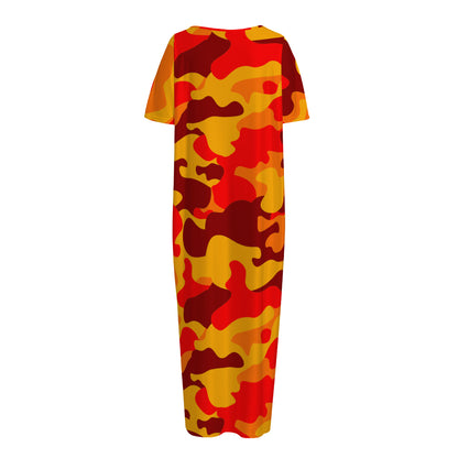 Orange Camouflage Print Short Sleeve Long Nightdress