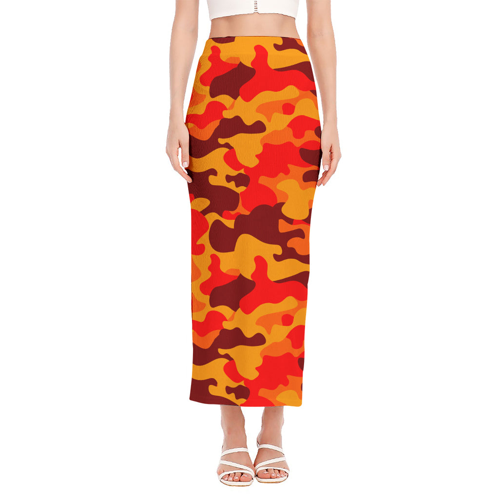 Orange Camouflage Print Side Slit Maxi Skirt