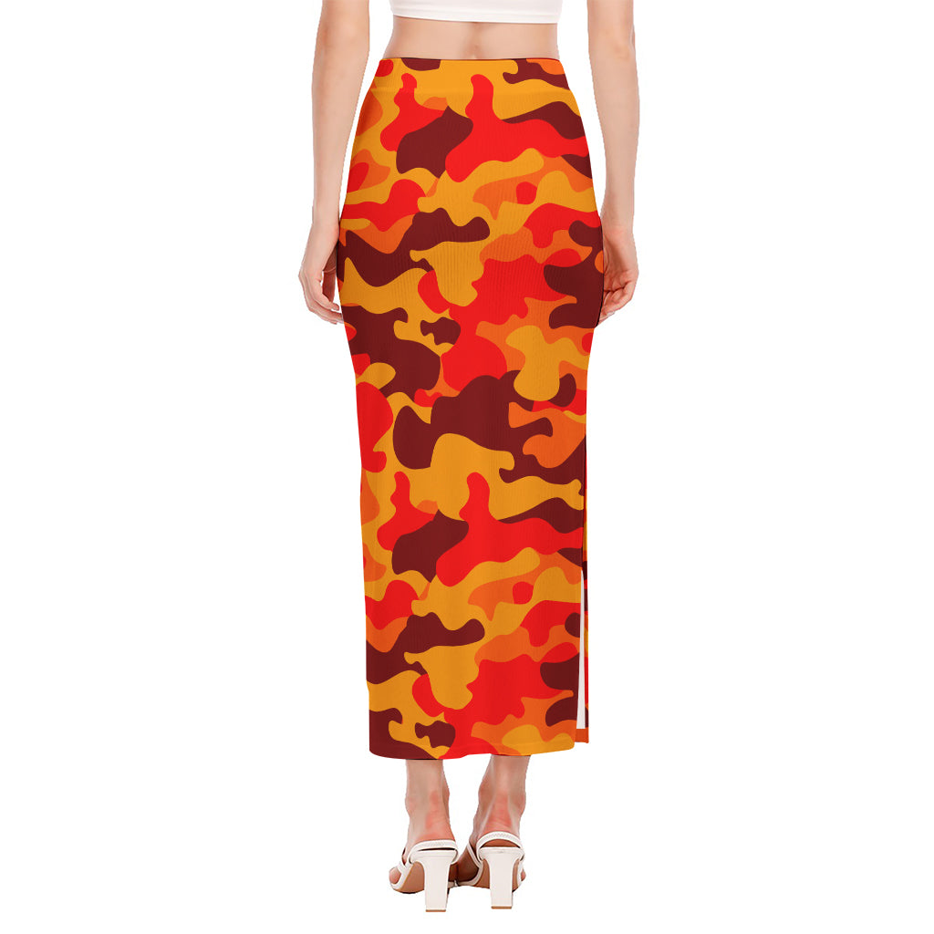 Orange Camouflage Print Side Slit Maxi Skirt