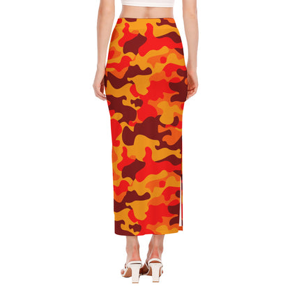Orange Camouflage Print Side Slit Maxi Skirt