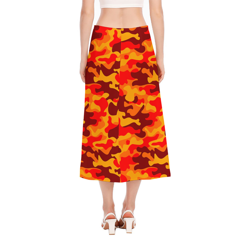 Orange Camouflage Print Side Slit Midi Skirt