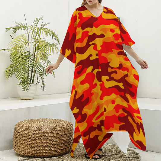 Orange Camouflage Print Silk V-Neck Kaftan Dress