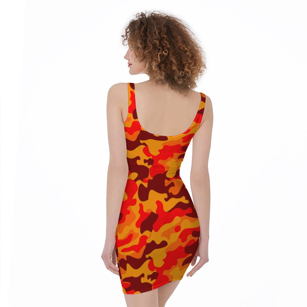 Orange Camouflage Print Sleeveless Bodycon Dress