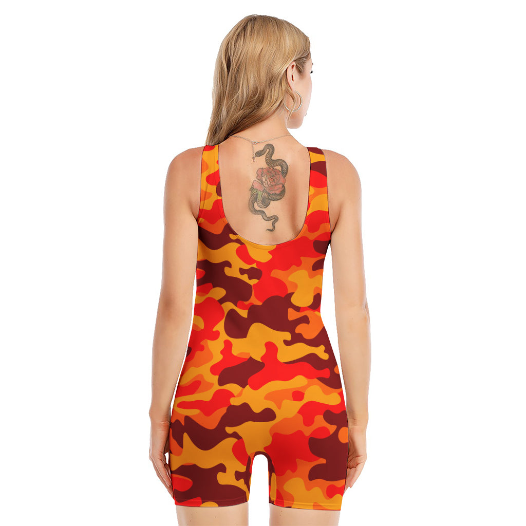 Orange Camouflage Print Sleeveless One Piece Swimsuit