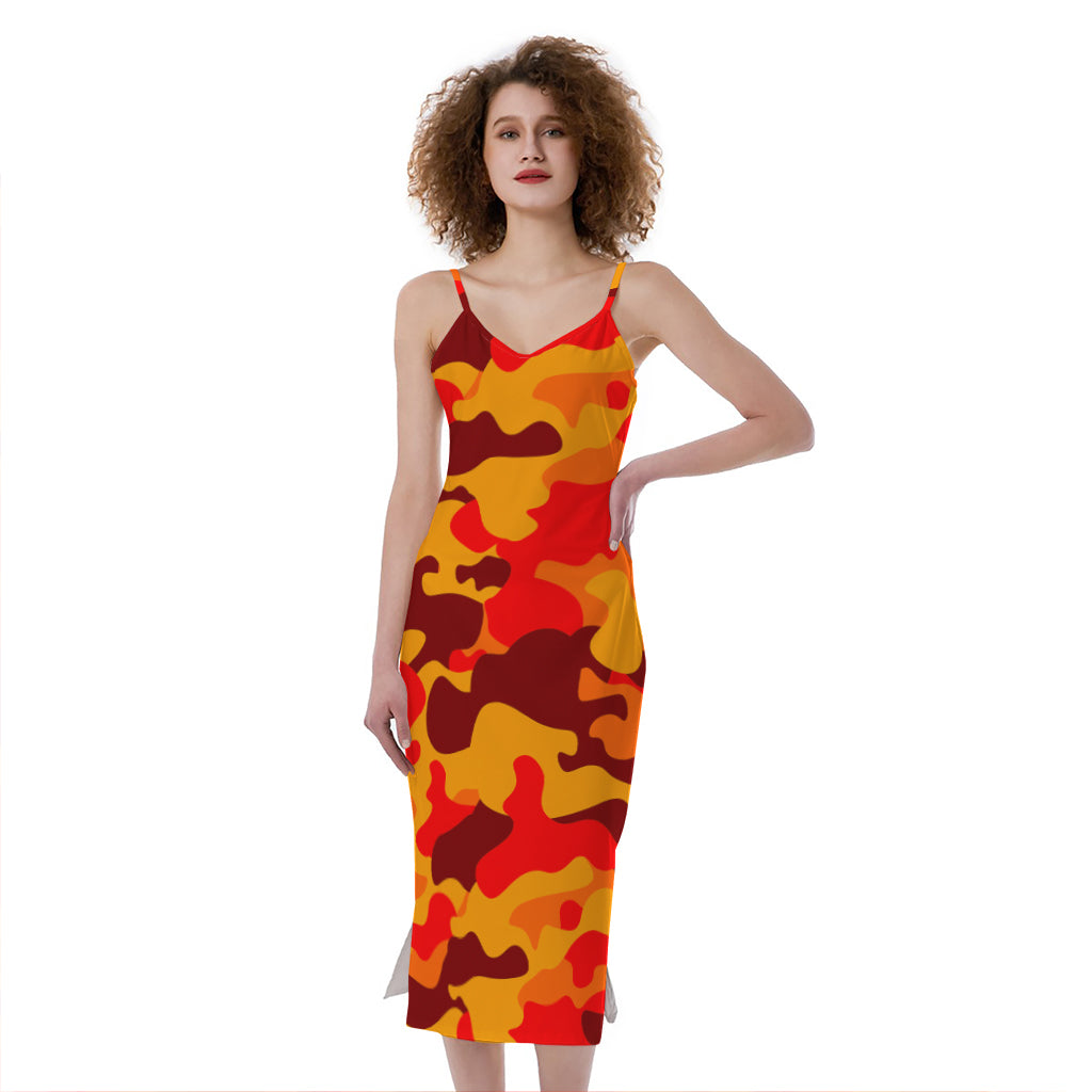 Orange Camouflage Print Slim Fit Midi Cami Dress