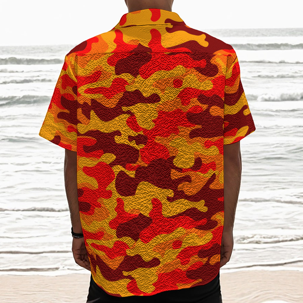Orange Camouflage Print Textured Short Sleeve Shirt