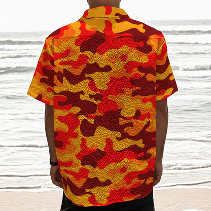 Orange Camouflage Print Textured Short Sleeve Shirt