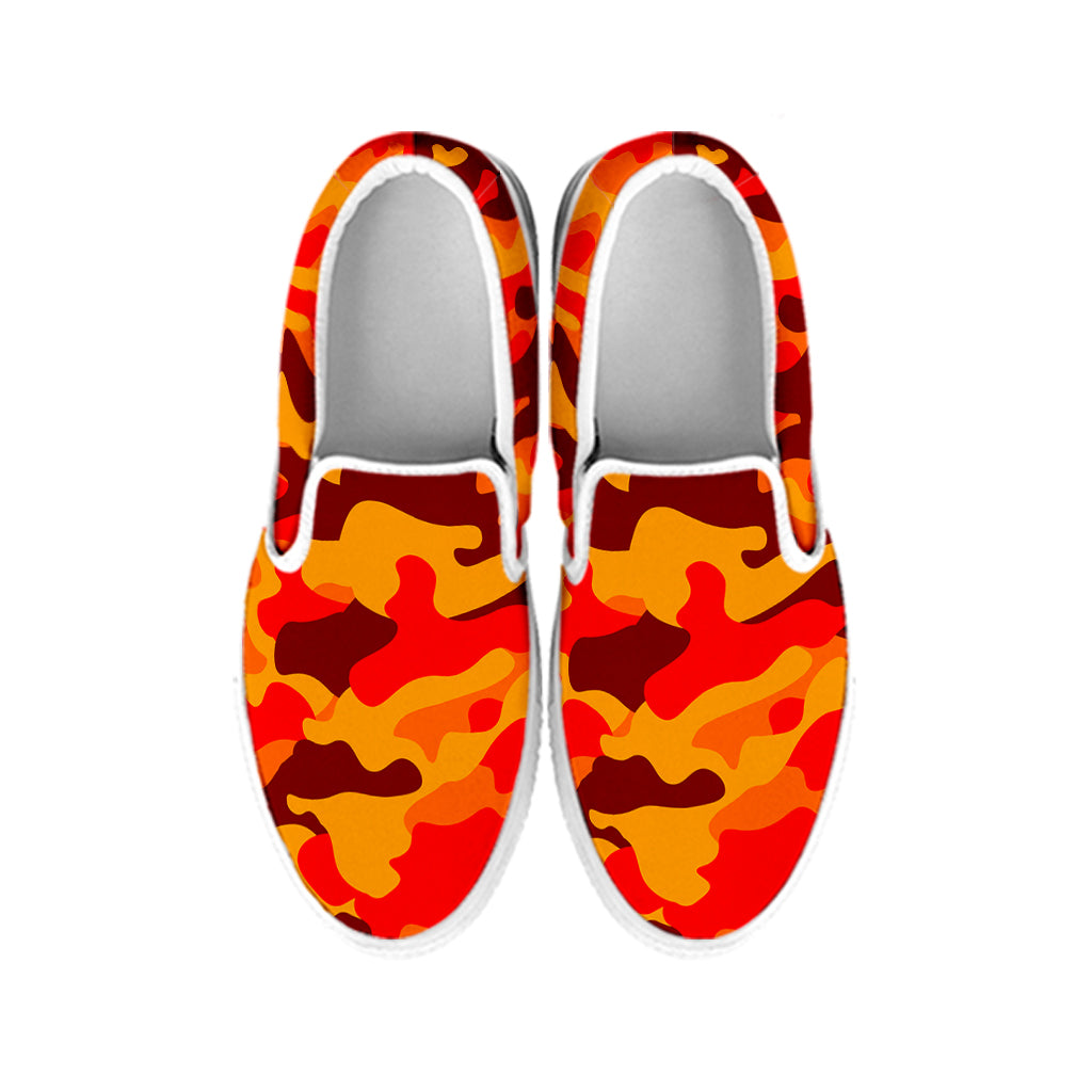 Orange Camouflage Print White Slip On Sneakers