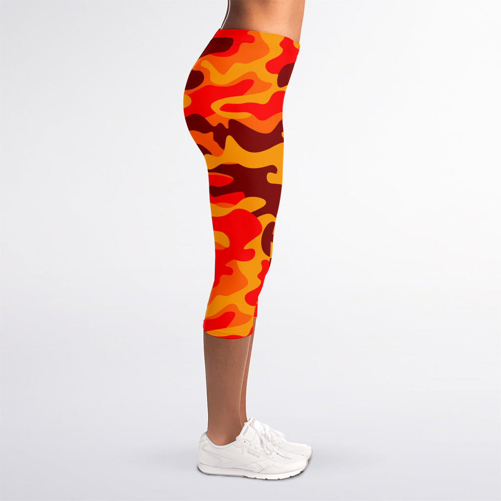 Orange Camouflage Print Women's Capri Leggings
