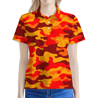 Orange Camouflage Print Women's Polo Shirt