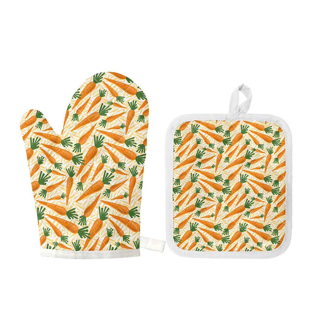 Orange Carrot Pattern Print Oven Mitt And Pot Holder Set