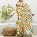 Orange Carrot Pattern Print Silk V-Neck Kaftan Dress