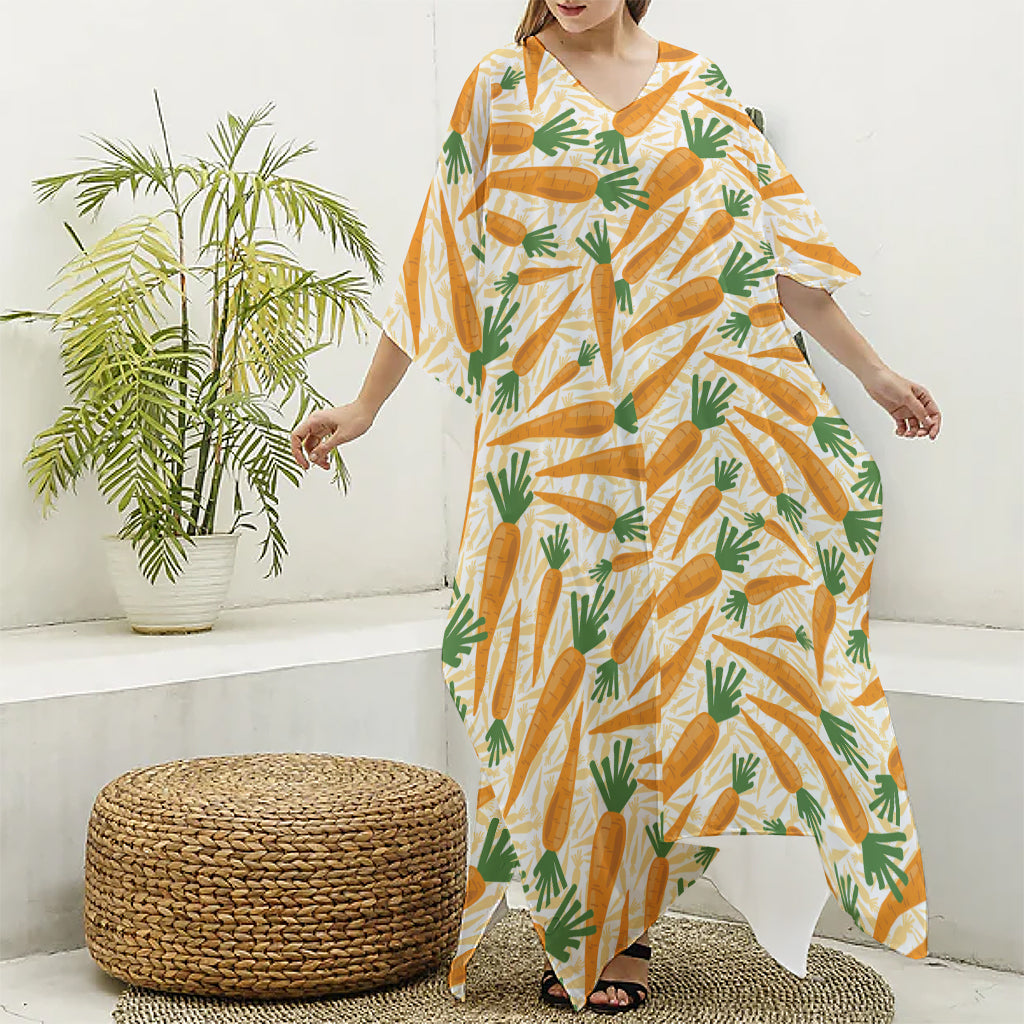 Orange Carrot Pattern Print Silk V-Neck Kaftan Dress