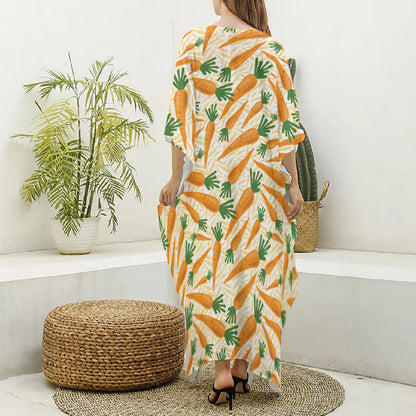 Orange Carrot Pattern Print Silk V-Neck Kaftan Dress