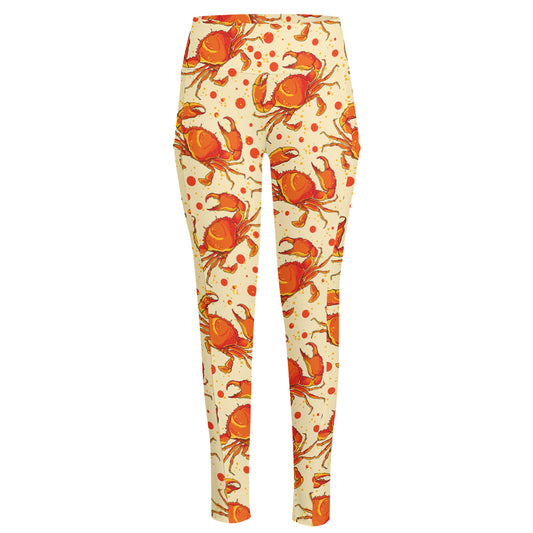 Orange Crab Pattern Print High-Waisted Pocket Leggings