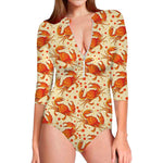 Orange Crab Pattern Print Long Sleeve Swimsuit