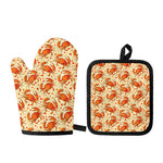 Orange Crab Pattern Print Oven Mitt And Pot Holder Set