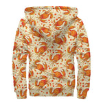 Orange Crab Pattern Print Sherpa Lined Zip Up Hoodie