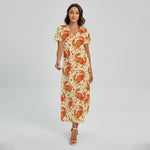 Orange Crab Pattern Print Short Sleeve Maxi Dress