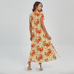 Orange Crab Pattern Print Short Sleeve Maxi Dress
