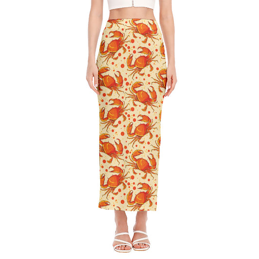 Orange Crab Pattern Print Side Slit Maxi Skirt