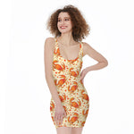 Orange Crab Pattern Print Sleeveless Bodycon Dress
