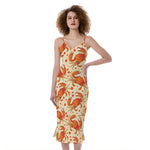 Orange Crab Pattern Print Slim Fit Midi Cami Dress