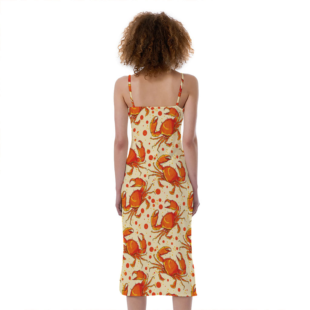 Orange Crab Pattern Print Slim Fit Midi Cami Dress