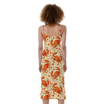 Orange Crab Pattern Print Slim Fit Midi Cami Dress