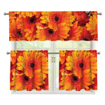 Orange Daisy Flower Print 3 Piece Kitchen Curtains