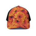 Orange Daisy Flower Print Black Mesh Trucker Hat