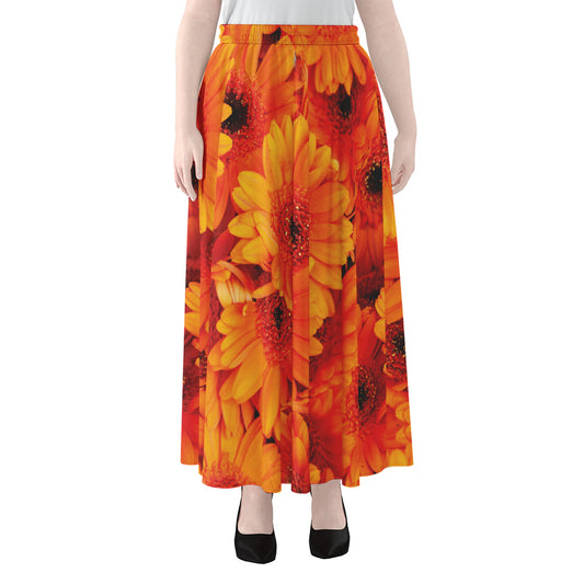 Orange Daisy Flower Print Chiffon Maxi Skirt