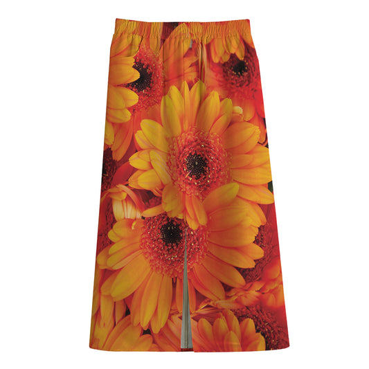 Orange Daisy Flower Print Cotton Front Slit Maxi Skirt