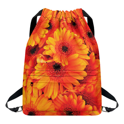Orange Daisy Flower Print Drawstring Backpack
