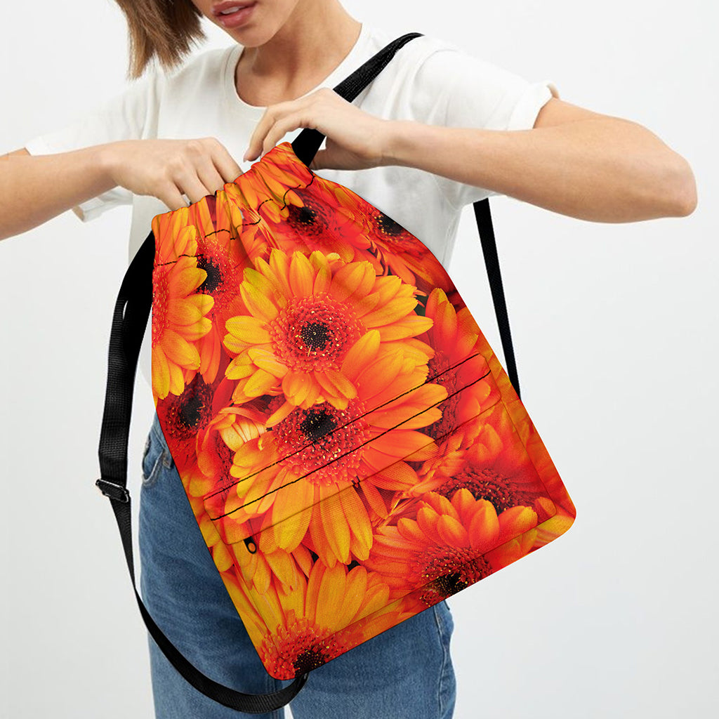 Orange Daisy Flower Print Drawstring Backpack