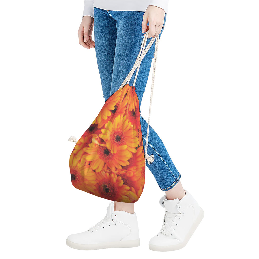 Orange Daisy Flower Print Drawstring Bag