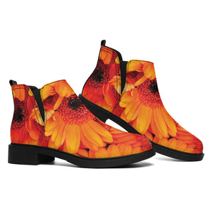 Orange Daisy Flower Print Flat Ankle Boots