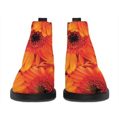Orange Daisy Flower Print Flat Ankle Boots