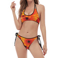 Orange Daisy Flower Print Halter Scoop Tie Side Bikini