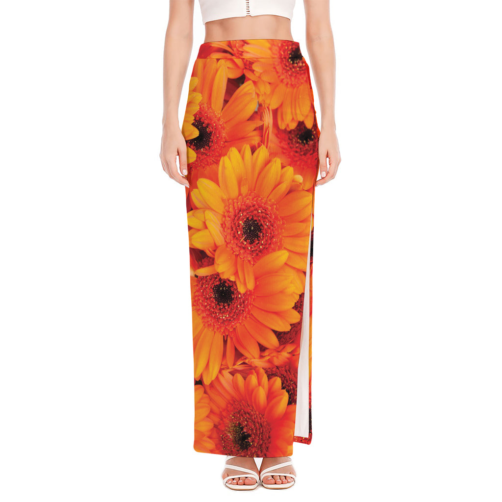 Orange Daisy Flower Print High Slit Maxi Skirt